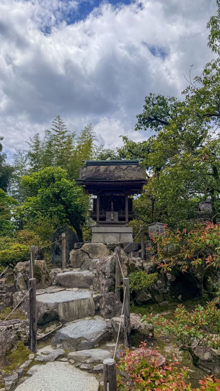 Traditional tea pavilion courtyard framed by autumn foliage
